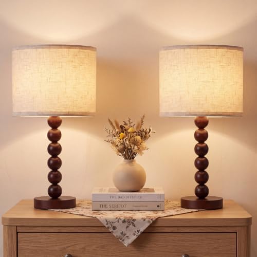 2 Pack 20.5" Rustic Table Lamps, Farmhouse Nightstand Lamp with Walnut Wood Grain Resin Base & Linen Shade, Small Bedside Lamp for Bedroom, Living Room Apartment Décor, Bulbs Not Included by Unknown