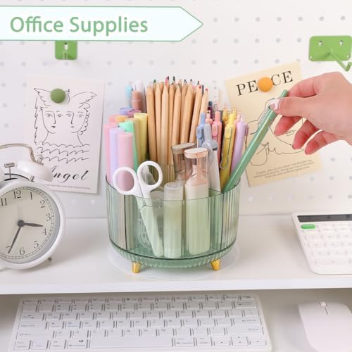 SKYDUE Rotating Pencil Pen Holder, Pen Organizer with 5 Slots - Aesthetic Desk Organizer and Accessories for School, Home, Office Supplies, Clear Green - Image 3