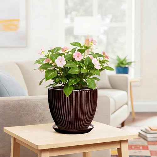 8 Inch Flower Pot, Ceramic Planters with Drainage Hole and Plant Saucer, Round Planters for Indoor Plants, Modern Plant Pot, Decorative Planter, Home Entryway Decor, Women Men Gifts, Brown - Image 6