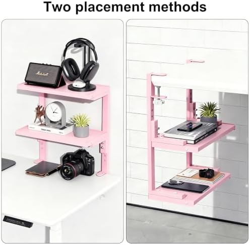 Spacrea Clamp on Desk Shelf, 2 Tier Office Desk Shelves Organizer, Wood Desktop Supplies Storage Rack, Desk Organizers and Accessories (Pink) - Image 5