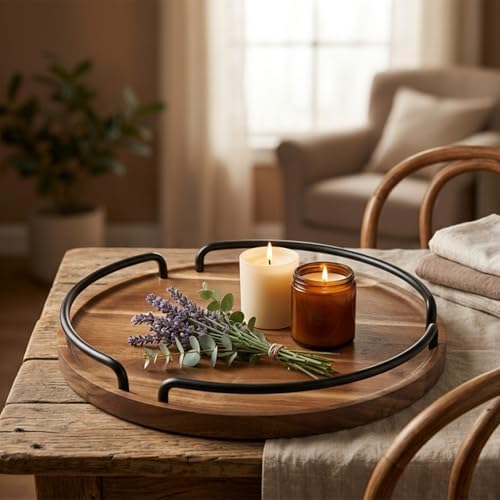 Round Wooden Serving Tray - Rustic Style Decorative Tray for Coffee Table, Living Room, Vanity - Acacia Wood Tray with Handles - Housewarming Gift - 12 Inches (Diameter) - Image 4