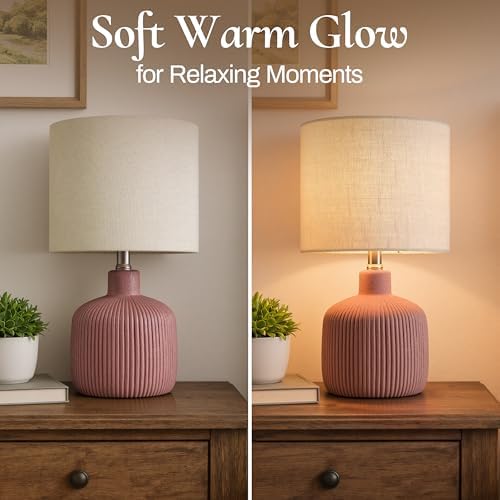 Ceramic Table Lamp, 17.75" Rustic Farmhouse Bedside Lamp with Beige Linen Shade, Warm Ambient Nightstand Lighting for Bedroom or Living Room, Painted Terra - Image 5