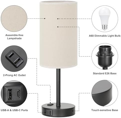 Fenmzee 17.4" Beige Lamp for Bedroom - Dimmable Touch, USB A+C, AC Outlet - Image 5