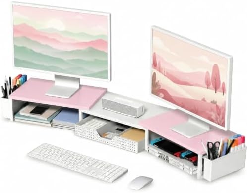 OPNICE Desk Organizers and Accessories, Dual Monitor Stand Riser with Drawer and 2 Pen Holders, Desk Shelf Printer Stand for Office Workspace Organizers, Desktop Organization (Pink-White) by OPNICE