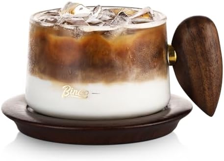 Bincoo Glass Coffee Cups and Saucers Set,250ML Clear Glass Iced Coffee Mug Espresso Cup Tea Cup with Walnut Coaster and Handle by Bincoo