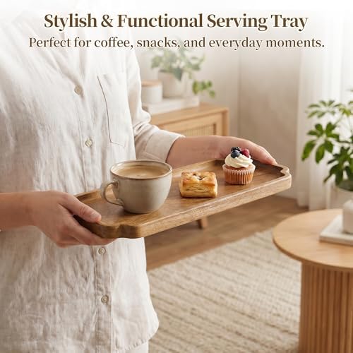 Small Wooden Tray | Acacia Wood Tray for Vanity, Bathroom Counter, Coffee Table & Toilet | Perfect for Remote, Snack & Catch All | Mini Charcuterie Board Serving Platter (Scalloped Rectangular) - Image 4