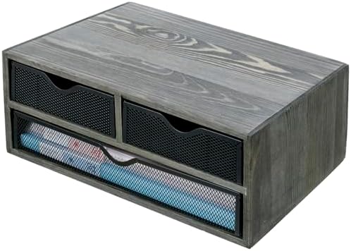 MyGift Vintage Weathered Gray Solid Wood Desktop Organizer Box with 3 Removable Black Metal Mesh Trays, Office Desk Supplies Storage Drawers for Accessories - Image 7