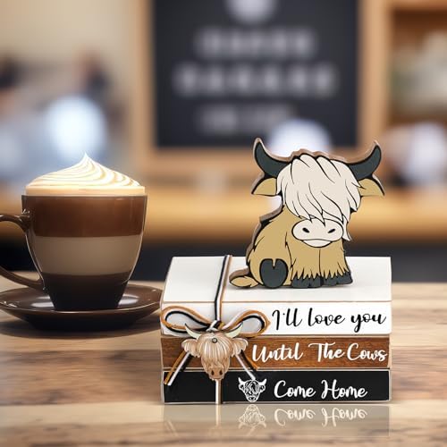 Yookeer 4 Pcs Highland Cow Tiered Tray Decor Mini Wooden Book Stacks - Image 5