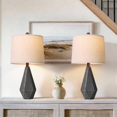 PoKat 23.5'' Farmhouse Table Lamps Set of 2, Rustic Nightstand Lamps for Bedroom, Classic Bedside Lamps for Living Room Office Sideboard with Linen Shade Distressed (Deep Grey) by Pokat