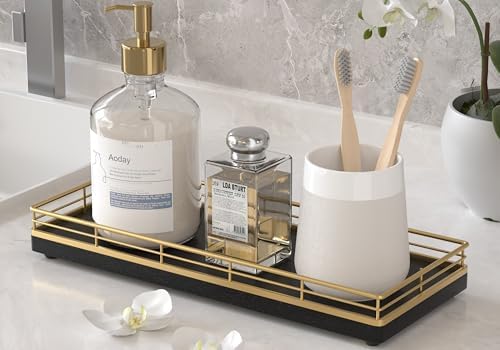 Wooden Decorative Tray, Oak 11.2" L Coffee Table Tray for Kitchen Countertop Soap Sponge Holder Candle Nightstand Table Centerpieces for Dining Room Decor Black Gold by Focusonit
