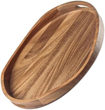 Acacia Wood Serving Tray with Handles - 17"x13" Round, Decorative Ottoman Tray for Living Room, Coffee Table, Breakfast in Bed, Candle Display by KITEISCAT