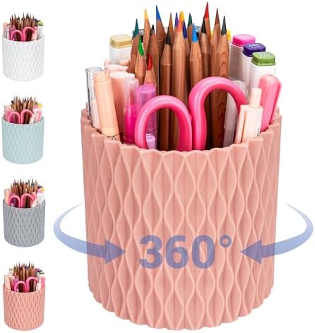 Pencil Holder - 360° Rotation, 5 Slot Desk Supplies For Women Office Aesthetic. Pencil Holder For Office&School, Desk Accessories(Pink) by 4Johor