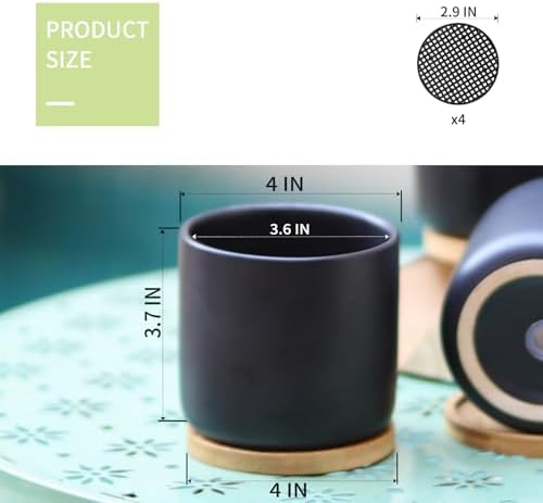 4" Ceramic Plant Pots with Drainage Holes & Trays Black Set of 4 - Image 4