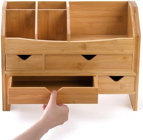 Lawei Bamboo Desk Organizer with Adjustable File Holder, Mini Desk Drawer Tabletop Organization Box with 4 Drawers for Makeup, Letter, Pens, Home Office Supplies, Vanity, 3 Layer, Fully Assembled - Image 5