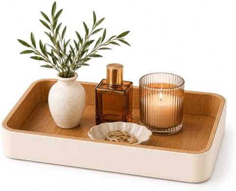 GORESE Rectangle Perfume Tray for Dresser, PU Leather Jewelry Tray for Vanity, Cream White & Wooden by GORESE