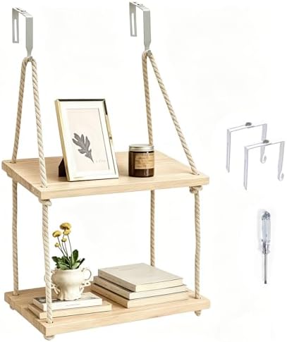 2 Tier Cubicle Shelf with Hooks, Wooden Hanging Organizer for Office by Fernlandia