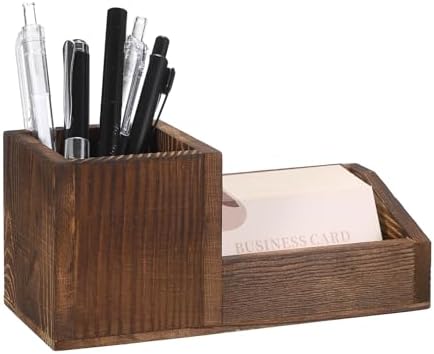 Hipiwe Vintage Wood Business Card Holder Stand for Desk with Pen Pencil Cup by Hipiwe