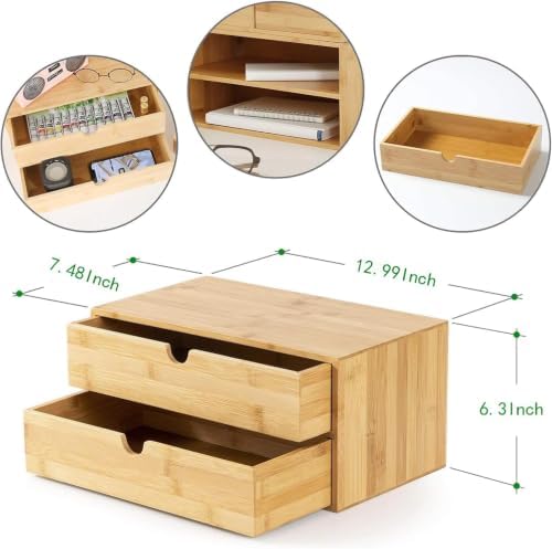 Bamboo Desk Drawer Organizer, Large Desktop Organizer with Drawers Tabletop Storage Organization Box for Office Home Toiletries Supplies Vanity, No Assembly Required (2 Drawer) - Image 3