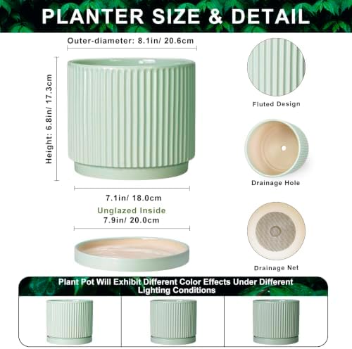 Ceramic Plant Pots, 8 Inch Pots for Plants with Saucer, Mint Green - Image 2