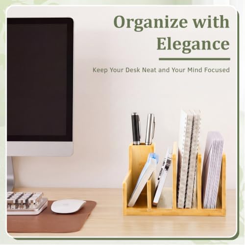 Novabright Bamnoo Wood Mail Organizer with Pen Holder, 5 Slot Desk File Organizer, Wooden Letter Sorter for Desk, Compact Desktop Document Holder for Home Office Storage Back to School - Image 4