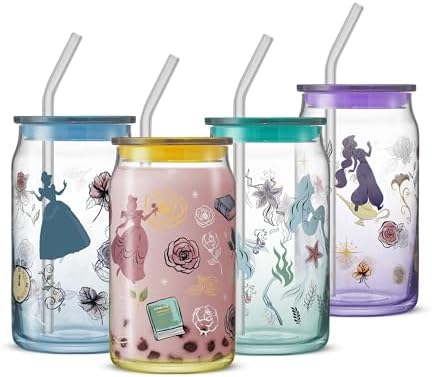 JoyJolt Disney Princess Icon Glass Tumblers with Lids and Straws, 16oz Glass Cups with Lids and Straws ft Princess Jasmine Ariel Cinderella Belle, 4pc Can Shaped Drinking Glasses, Iced Coffee Cups by JoyJolt