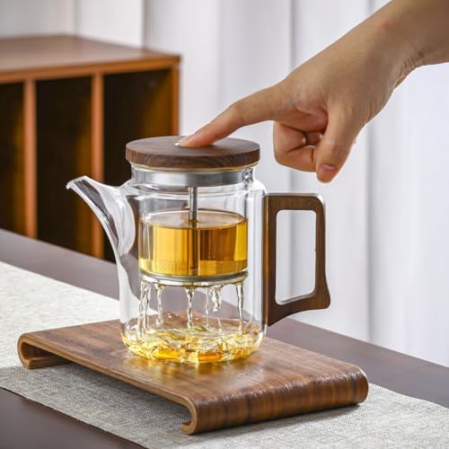 Glass Teapot, 700ml, Stovetop Safe, Walnut Wood Handle, Removable Stainless Steel Infuser, Non-Drip Spout by simeiton