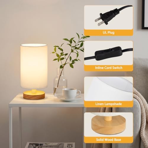 Fenmzee 8.5" Small Table Lamp for Bedroom - White Shade & Wood Base - Image 7