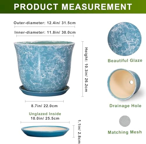 12 Inch Pots for Plants - Ceramic Planter with Drainage Hole and Saucer, Round Large Plant Pot for Indoor Outdoor, Modern Decorative Planters, Home Apartment Decor, House Warming Gift, Blue - Image 2