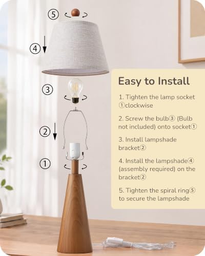 EDISHINE Mid Century Table Lamp, Tapered Walnut Wood Base, E26 Socket - Image 5