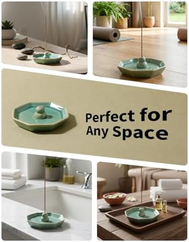 Incense Holder for Sticks, Incense Burner, Ceramic Crackle Glaze Green Incense Holder, Incense Stick Holder with Ash Catcher, ANTIS'S HOME - Image 4