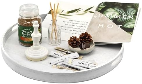 19.6" Extra Large Round Wooden Decorative Tray with Handles,White - Image 5
