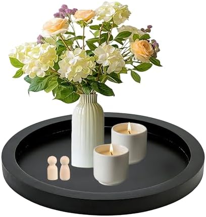 11 Inches Round Wooden Tray Decor,Black Decorative Trays by ZMOIVOK