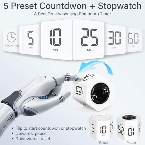 Rotating Productivity Timer 5, 25, 10 30,60 Mins Preset Stopwatch, Desk Flip ProductivityTimer, ADHD Tool Hexagon, Vibration/Mute/Alarm, for Work, Study, Back to School, Kitchen, White - Image 2