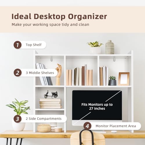 OOOK 35.5" L Dorm Desk Hutch White, Desktop Bookshelf with 5 Shelves - Image 4