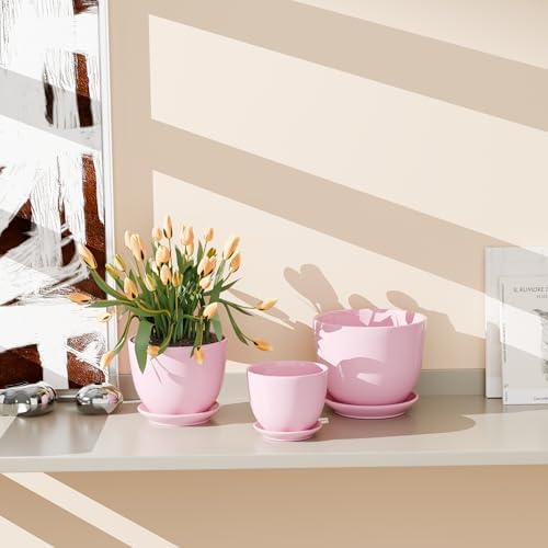 Pink Plant Pots,Ceramic Flower Pots Set of 3 with Drainage Holes & Saucers - Image 3