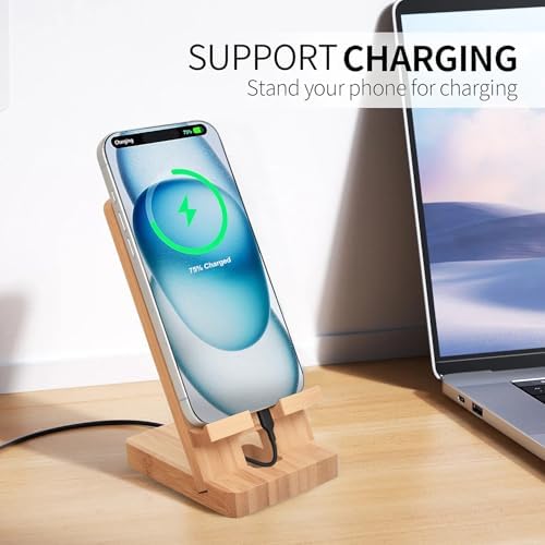 Wood Phone Stand with Mirror, Desktop Wooden Phone Holder, Portable Office Phone Stand for Desk, Wood ipad Stand， Compatible with iPhone & All Cell Phones(Bamboo wiht Mirror) - Image 6