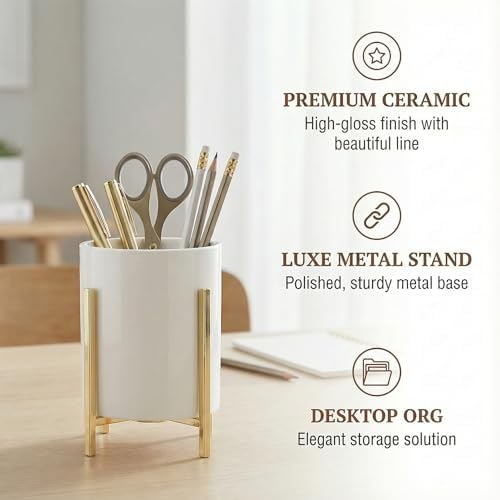 Durable Ceramic Pen Cup, Desk Ceramic Pencil Cup with Metal Legs, Black and White Pen Holder Cup for Office, Desk Decor for Women Girls - Image 3