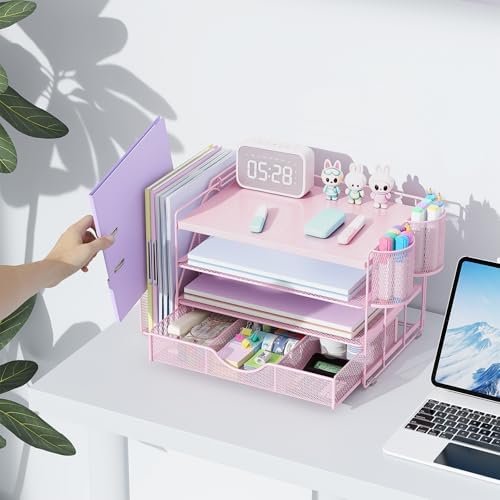 gianotter Wood Desk Organizers and Accessories with File Holder, 4-Tier Desk Accessories & Workspace Organizers with Drawer and 2 Pen Holder, Desk Reference Organizer (Pink, 4T with Metal Drawer) - Image 6