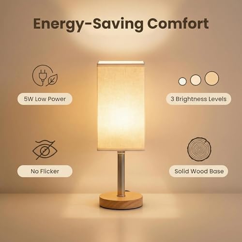 Small Table Lamp Set of 2, Bedside Lamp with 3000K Warm LED Bulb Included, Nightstand Lamp for Living Room Office Dorm Kids Room, Easy Assemble Minimalist Cream Shade & Wood Base(5W) - Image 4