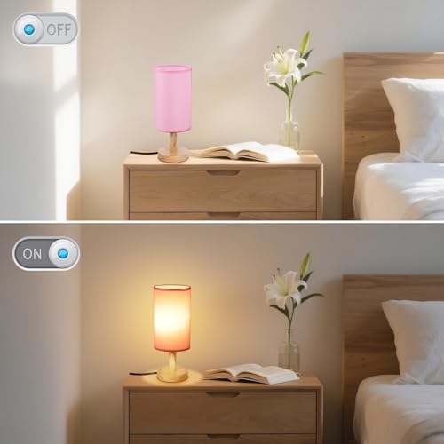 Pink Small Bedside Table Lamp for Bedroom,Natural Round Wood Base&Fabric Linen Shade,Cozy Night Table Light for Study Reading,Minimalist Boho Desk Lamp for Nightstand,Living Room,Nursery,Kitchen,Dorm - Image 6