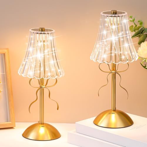 Liliful 2 Pcs Cordless Table Lamp LED Touch, Gold, Rose Style Bow by Liliful