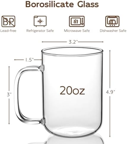 Glass Coffee Mugs, 20 oz Ice Coffee Cups Set of 6, Large Clear Tea Cups, Glass Mugs with Handles for Hot Beverages, Glass Cups for Latte, Cappuccino, and Tea - Image 2