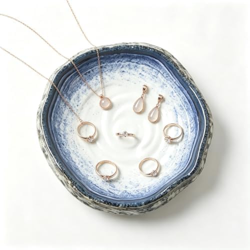 Blue Speckled Ceramic Jewelry Dish with Legs, Rustic Wabi Sabi Trinket Tray, Boho Ring Holder for Rings Earrings Necklaces, Small Vanity Organizer for Bedroom Nightstand, Women Gift Decorative Bowl - Image 7