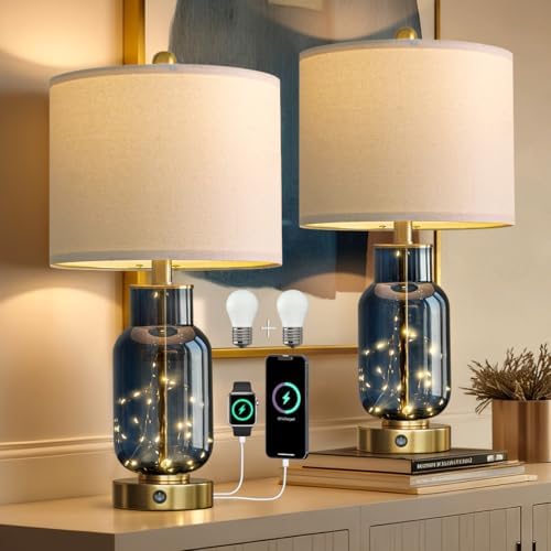 Oneach 22" Glass Table Lamps Set of 2 with LED Nightlight for Bedroom, Blue by Oneach