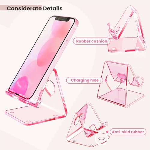 Crpich Acrylic Cell Phone Stand, Portable Phone Holder, Clear Pink Phone Stand for Desk, Compatible with Phone16 15 14 13 12 11 Pro Max SE, Switch, Android Smartphone, Pad, Tablet, Desk Accessories - Image 3
