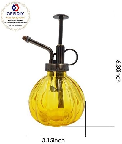 OFFIDIX Yellow Glass Watering Can Indoor, 6.3" Tall Vintage Style with Bronze Plastic Top Pump One Hand Spray Bottle - Image 2