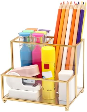 Glass Pen Holder for Desk,Gold Pencil Holder with 3 Compartments,Small Desk Organizer for Pens/Pencils/Sticky Notes,Stylish Clear Pen Organizer for Home Office Desk by Shonmogar