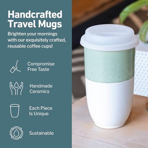 NOVA CERAMICS Travel Mug - Tea Tumbler– Microwave & Dishwasher Safe Coffee Mug Green & White Tumbler - Gifts For Women Men Him Her – 16oz – Sage Green - Image 2