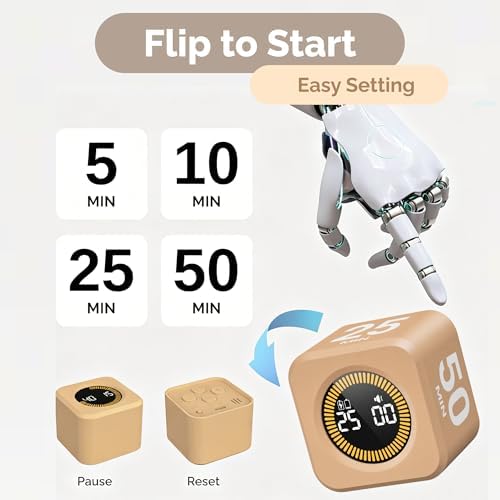 KADAMS Timer Pomodoro - Productivity Pomodoro Cube, 5/10/25/50 Min Countdown & Countup, Silent – for Work Study Workout Kitchen School Classroom Office ADHD Gift Kids (1, Light Mocha) - Image 2