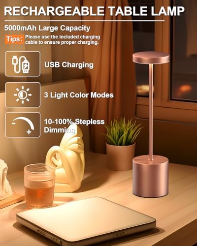 Swinerton Cordless Table Lamps Rechargeable, Portable LED Desk Lamp, 5000mAh Battery Powered Wireless Table Light - 3 Color Dimmable Lighting for Restaurant Dining Patio Outdoor Bedroom(Rose Gold) - Image 2